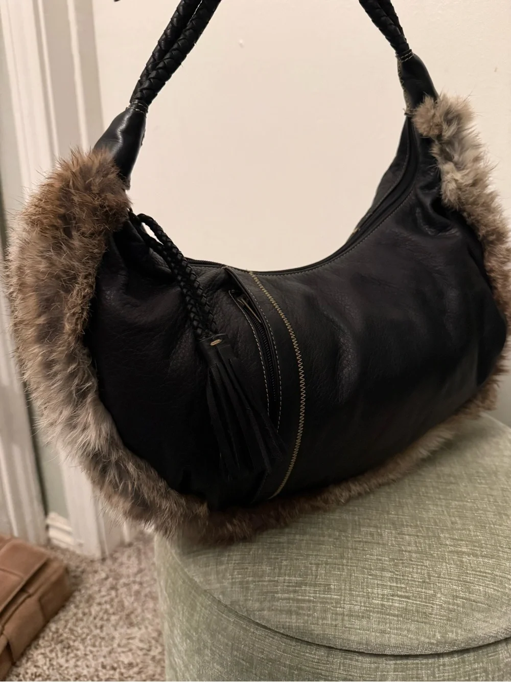 Vintage Maxx New York Black Leather Faux Fur Trim Hobo Shoulder Bag Y2K